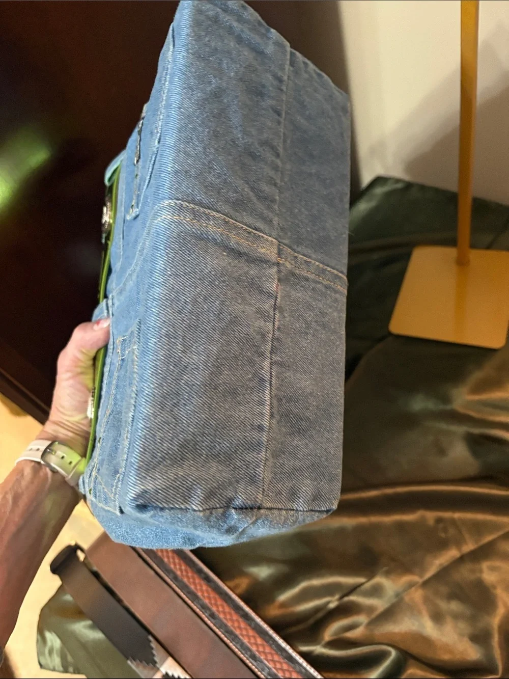 Denim Structured Tote with Lime Green Trim & Beaded Handles • Boutique Style • 2